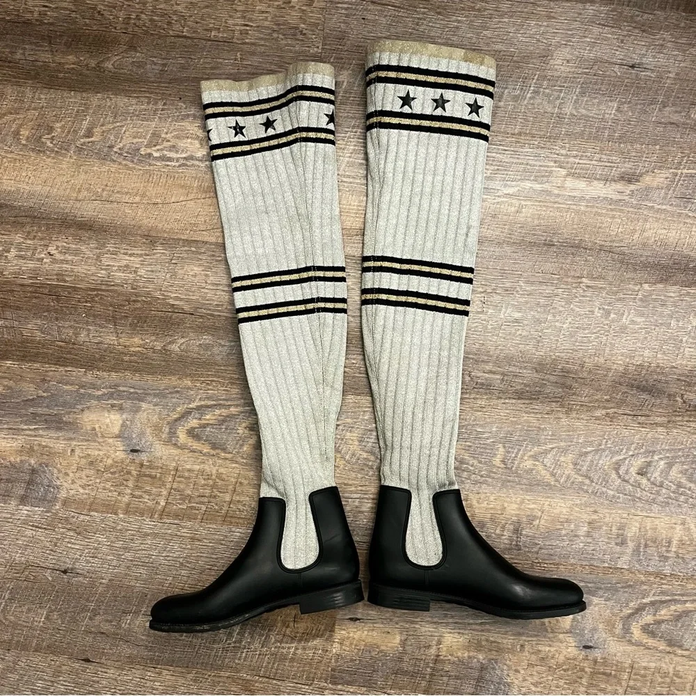 Givenchy Black Leather & Cream Knee-High Sock Boots